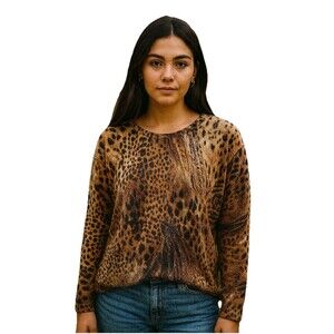 Cathy Daniels Womens Top  Sweater 100%Cashmere Large Animal Print Pullover